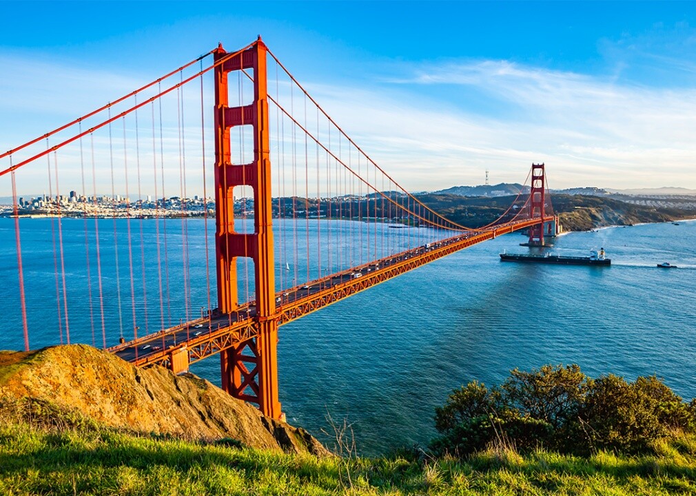 Panoramic view of Golden Gate Bridge seen from Battery Spencer viewpoint.